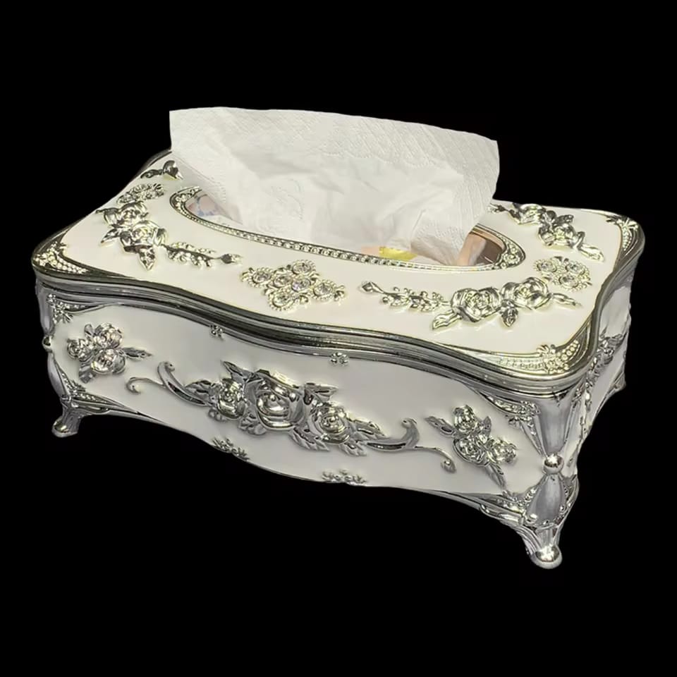 Elegant White & Silver Serviette Box Decorative Tissue Holder for Home, Office, or Events