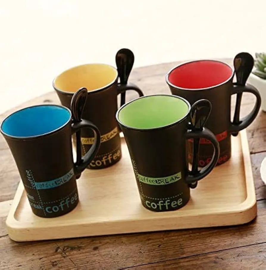 Set of 6 Black Ceramic Coffee Mug with Spoon /Ceramic Gift Mugs with Ceramic Spoon