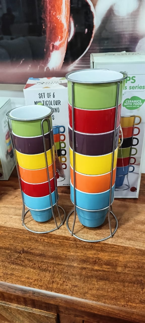 Set of 6 Gypsy Color Stacking Coffee Mug Set with Metal Stand