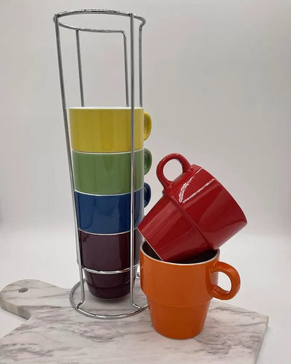 Set of 6 Gypsy Color Stacking Coffee Mug Set with Metal Stand