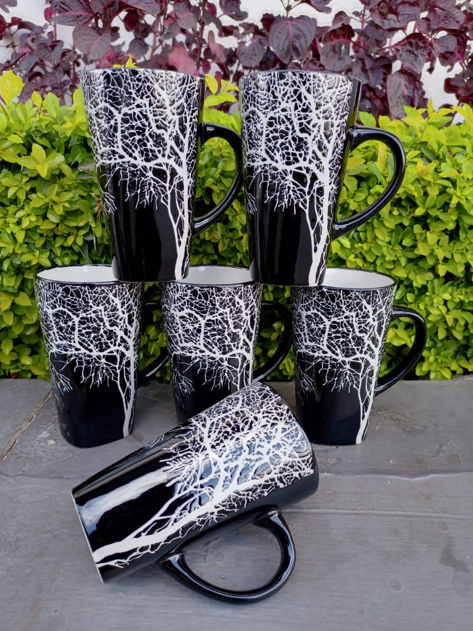 Black and White Tree Design Ceramic Mug Set of 6