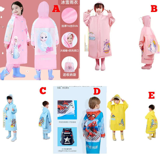 Cartoon-Themed Kids' Raincoat Poncho with Inflatable Brim, Hat & Expandable Bag – Fun, Dry & Travel-Ready