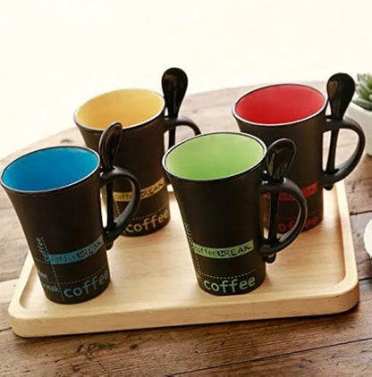 Set of 6 Black Ceramic Coffee Mug with Spoon /Ceramic Gift Mugs with Ceramic Spoon